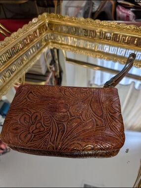 Patricia Nash Brown Embossed Leather Wristlet Clutch